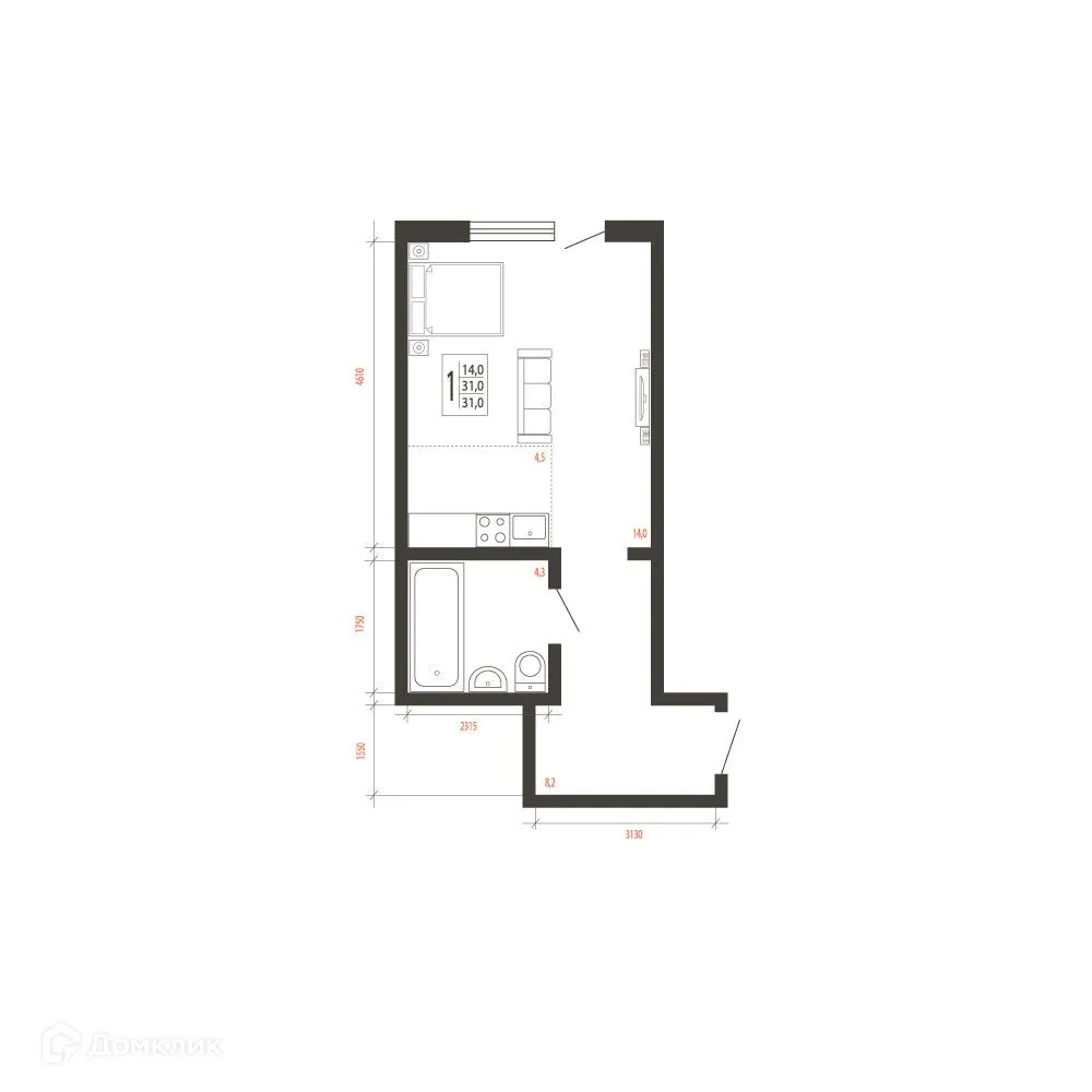 Планировка 1-комнатной квартиры 31 м² в ЖК СВОИ ВМЕСТЕ, г. Иркутск — фото 1