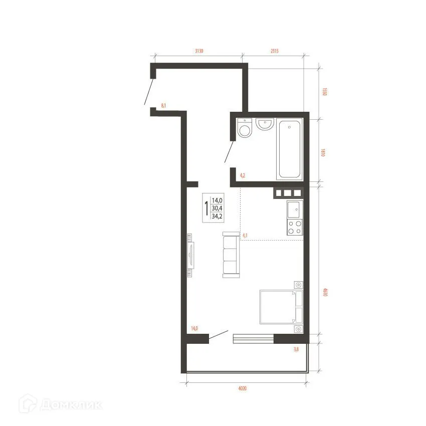 Планировка 1-комнатной квартиры 34.2 м² в ЖК СВОИ ВМЕСТЕ, г. Иркутск — фото 1