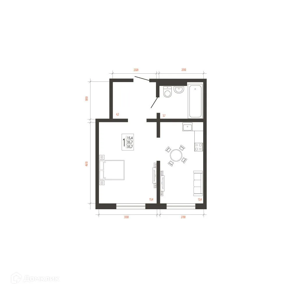 Планировка 1-комнатной квартиры 35.7 м² в ЖК СВОИ ВМЕСТЕ, г. Иркутск — фото 1