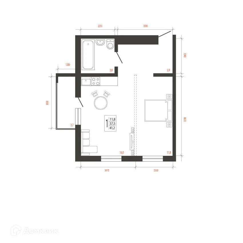 Планировка 1-комнатной квартиры 41.2 м² в ЖК СВОИ ВМЕСТЕ, г. Иркутск — фото 1