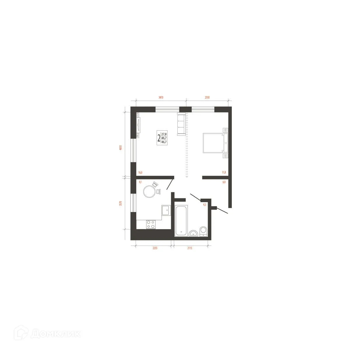 Планировка 2-комнатной квартиры 46.7 м² в ЖК СВОИ ВМЕСТЕ, г. Иркутск — фото 1