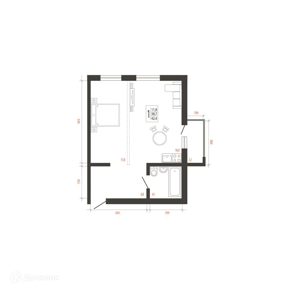 Планировка 1-комнатной квартиры 42.4 м² в ЖК СВОИ ВМЕСТЕ, г. Иркутск — фото 1