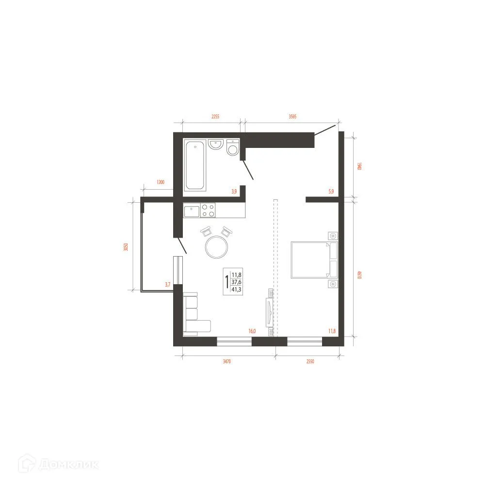 Планировка 1-комнатной квартиры 41.3 м² в ЖК СВОИ ВМЕСТЕ, г. Иркутск — фото 1