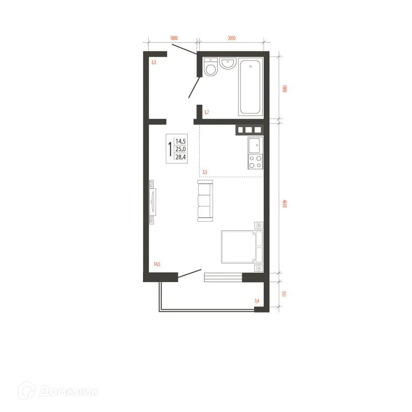 Планировка 1-комнатной квартиры 28.4 м² в ЖК СВОИ ВМЕСТЕ, г. Иркутск — фото 1