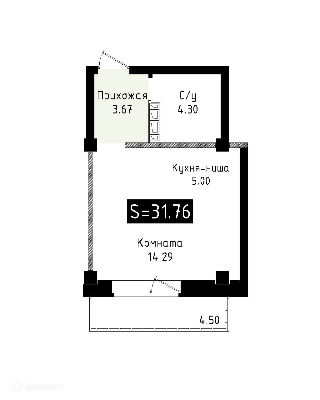 Планировка 1-комнатной квартиры 31.76 м² в ЖК ИРКУТ (ЖК ИРКУТ), г. Иркутск — фото 1