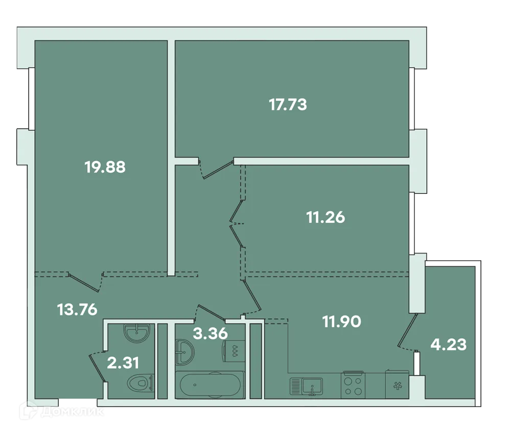 Планировка 2-комнатной квартиры 76.39 м² в ЖК ФАМИЛИЯ, г. Иркутск — фото 1