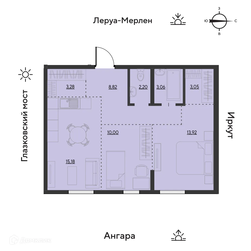 Планировка 3-комнатной квартиры 59.5 м² в ЖК "Zaton (Затон)", г. Иркутск — фото 1