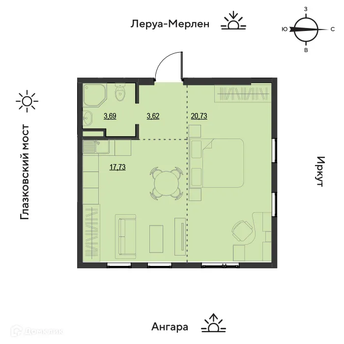 Планировка 2-комнатной квартиры 45.78 м² в ЖК "Zaton (Затон)", г. Иркутск — фото 1