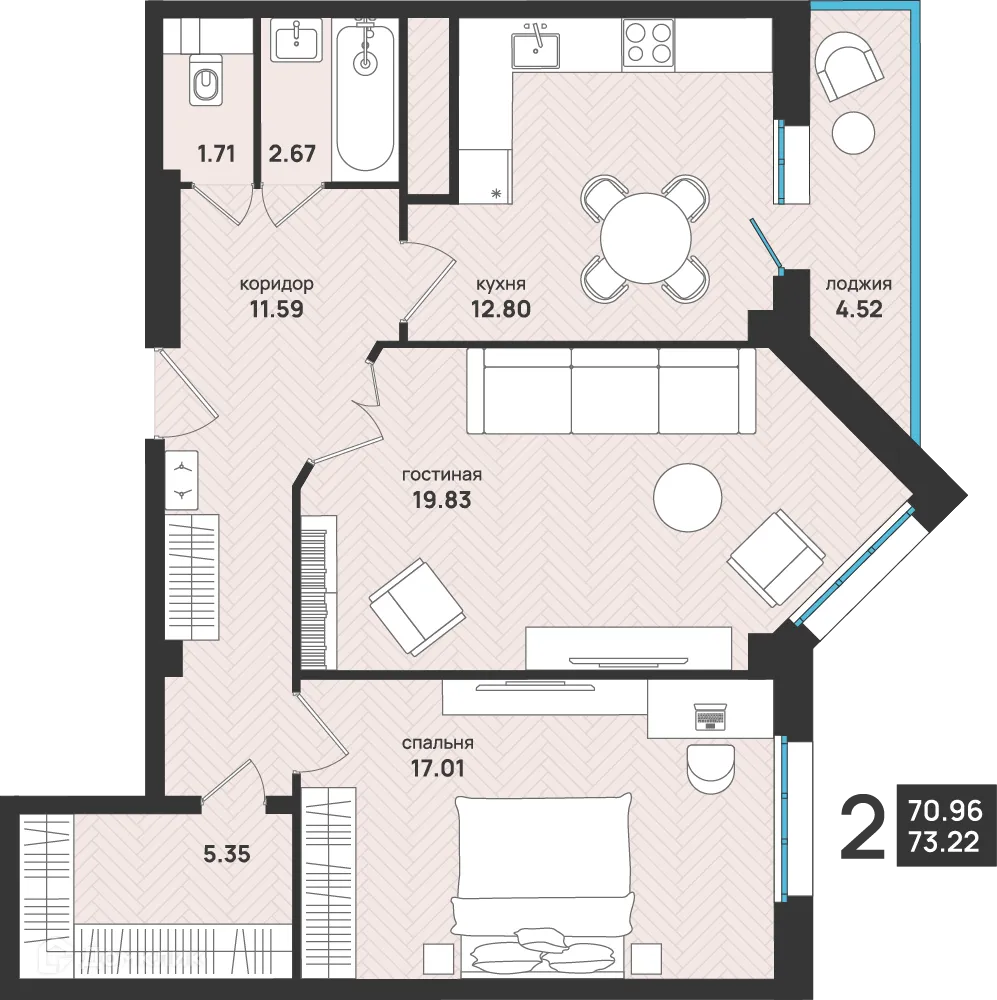 Планировка 2-комнатной квартиры 73.22 м² в ЖК Мегаполис, г. Архангельск — фото 1
