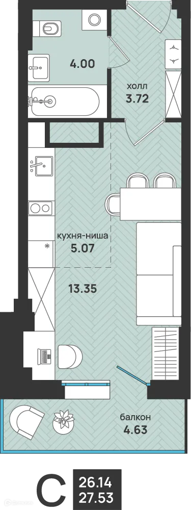 Планировка студии квартиры 27.53 м² в ЖК Мегаполис, г. Архангельск — фото 1
