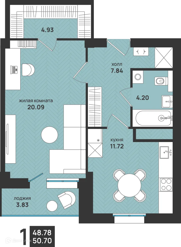 Планировка 1-комнатной квартиры 50.7 м² в ЖК Мегаполис, г. Архангельск — фото 1
