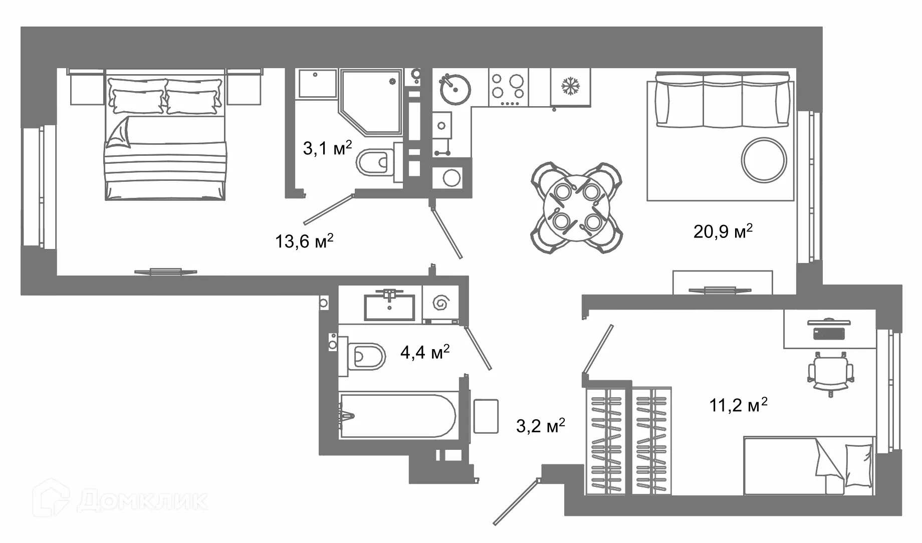 Планировка 2-комнатной квартиры 56.4 м² в ЖК Жилой район Зеленые кварталы, г. Астрахань — фото 1