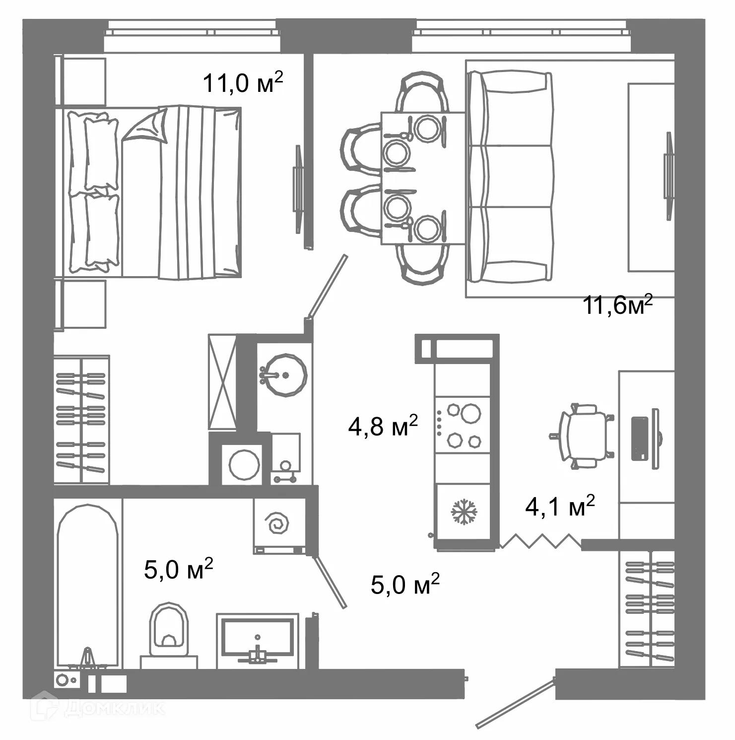 Планировка 1-комнатной квартиры 41.5 м² в ЖК Жилой район Зеленые кварталы, г. Астрахань — фото 1