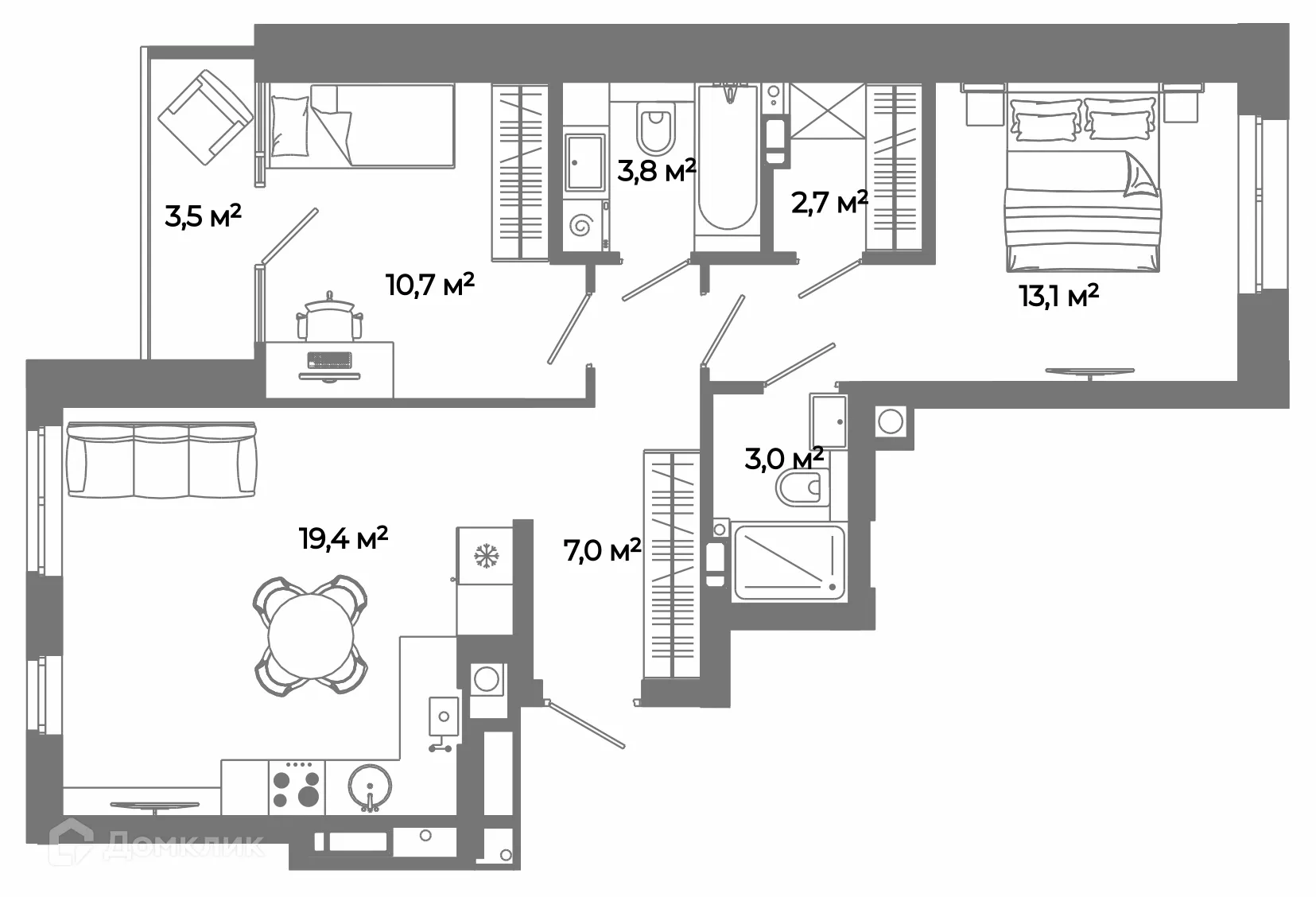 Планировка 2-комнатной квартиры 63.2 м² в ЖК Жилой район Зеленые кварталы, г. Астрахань — фото 1
