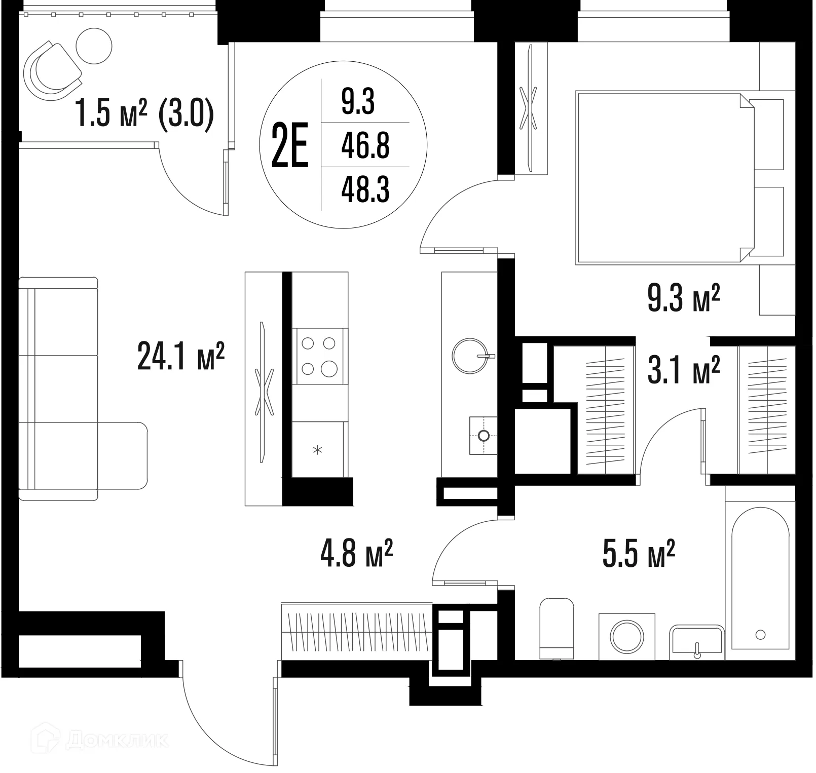 Планировка 1-комнатной квартиры 48.3 м² в ЖК Центральный, г. Астрахань — фото 1