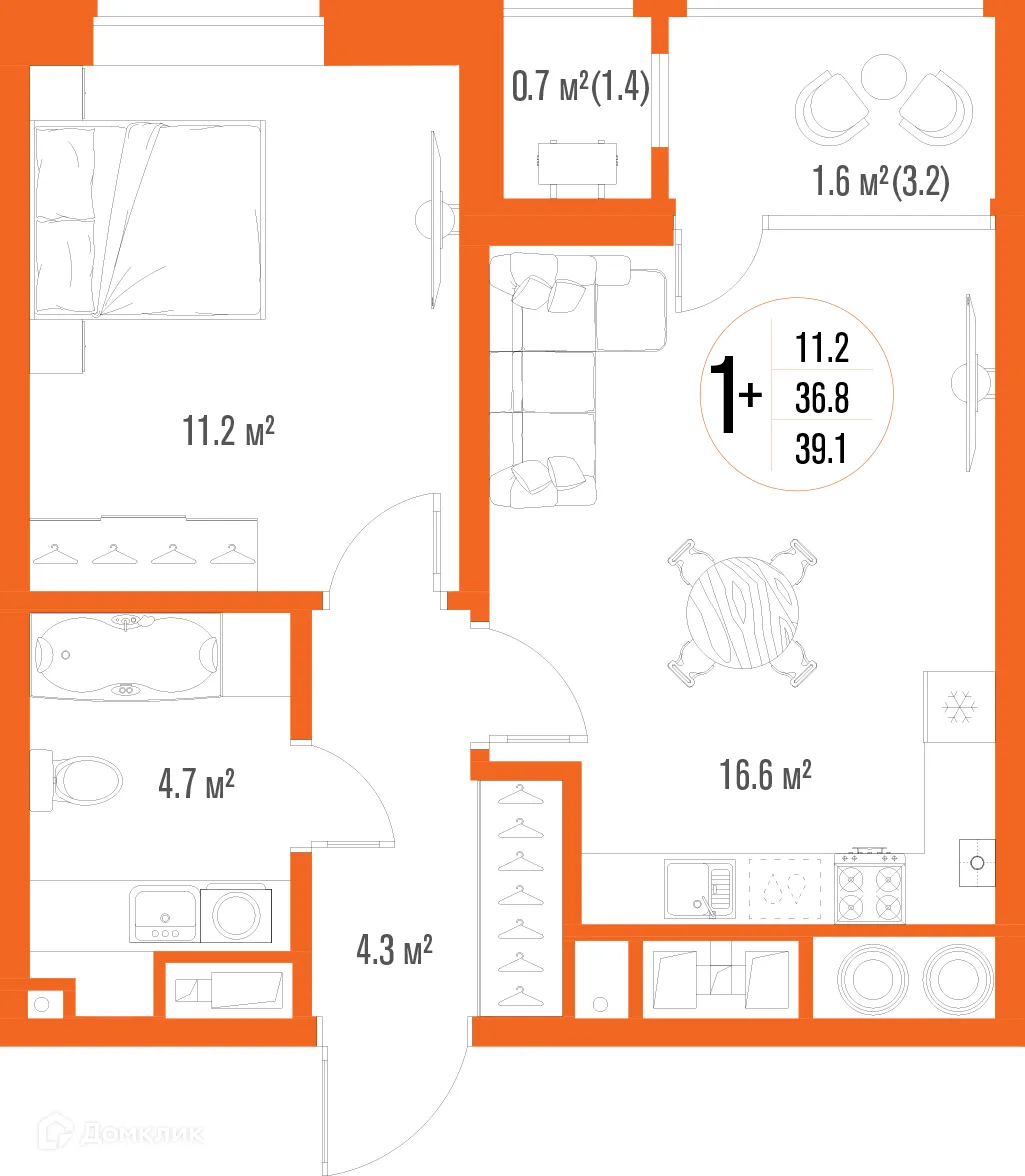 Планировка 1-комнатной квартиры 39.1 м² в ЖК Центральный, г. Астрахань — фото 1