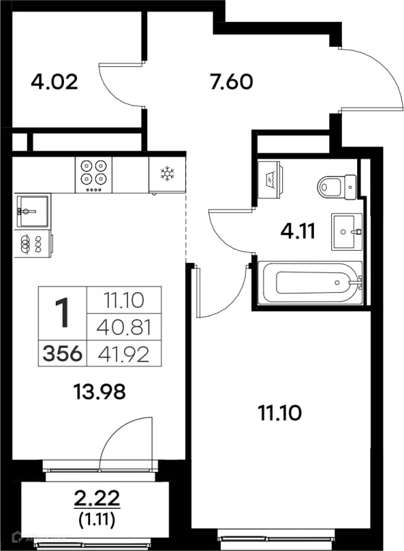 Планировка 1 комн. в ЖК GloraX (Глоракс) Октябрьский