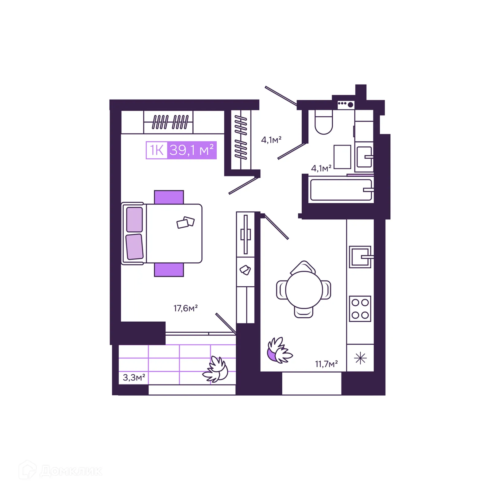 Планировка 1-комнатной квартиры 39.4 м² в ЖК Дом бизнес-класса "Fors", г. Чита — фото 1