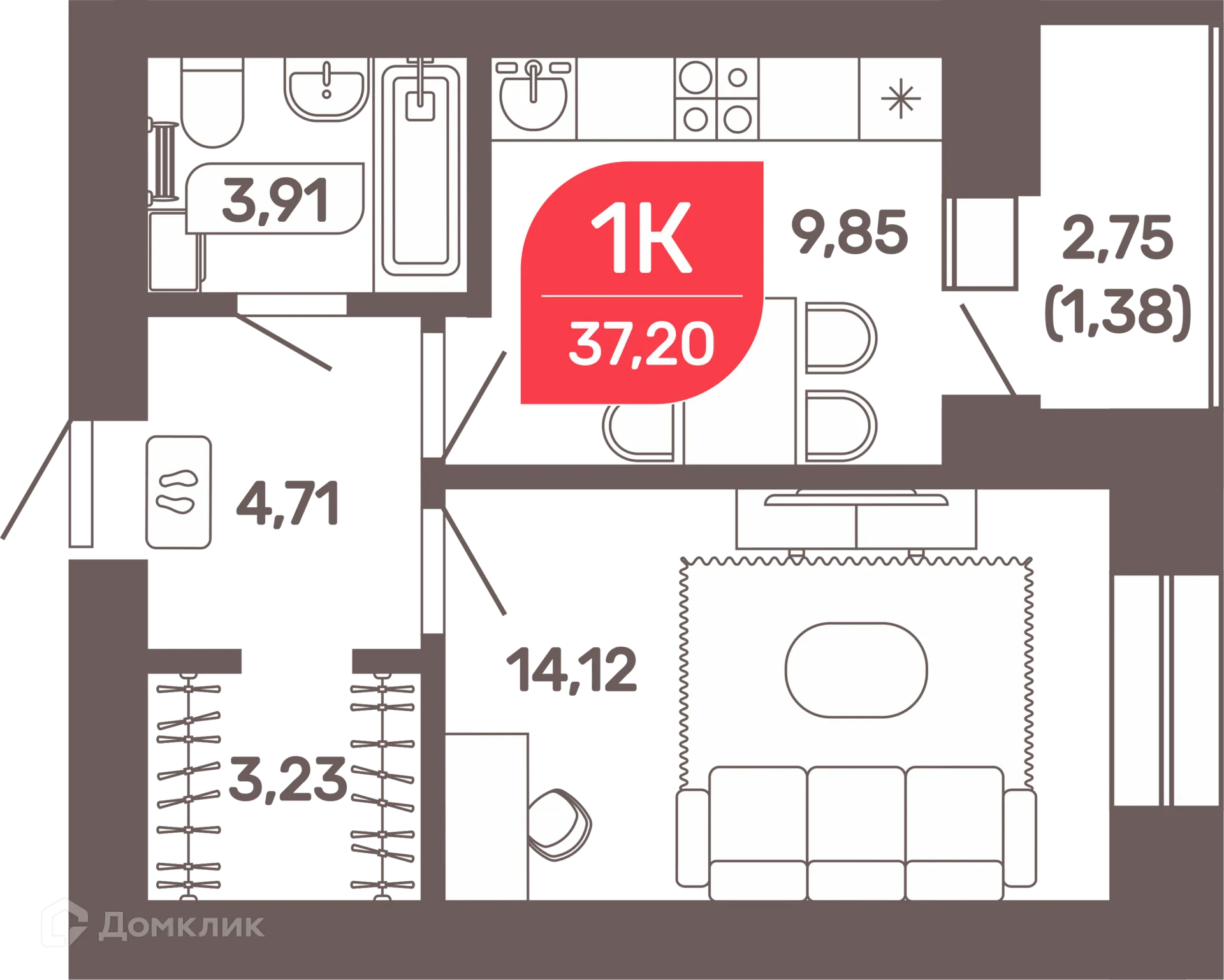 Планировка 2-комнатной квартиры 37.2 м² в ЖК Микрорайон Романовский, г. Чита — фото 1