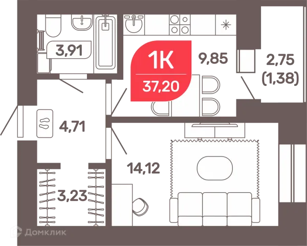 Планировка 2 комн. в ЖК Микрорайон Романовский