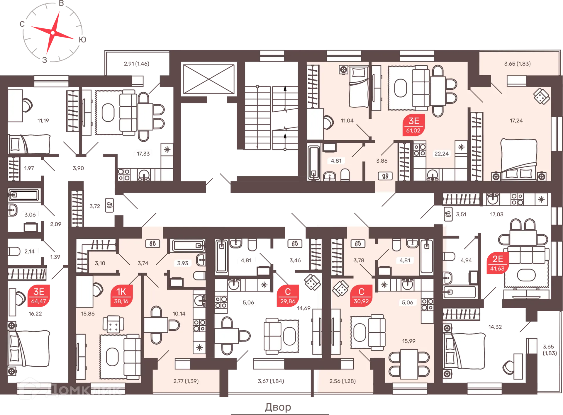 Планировка 3-комнатной квартиры 61.02 м² в ЖК Микрорайон Романовский, г. Чита — фото 3
