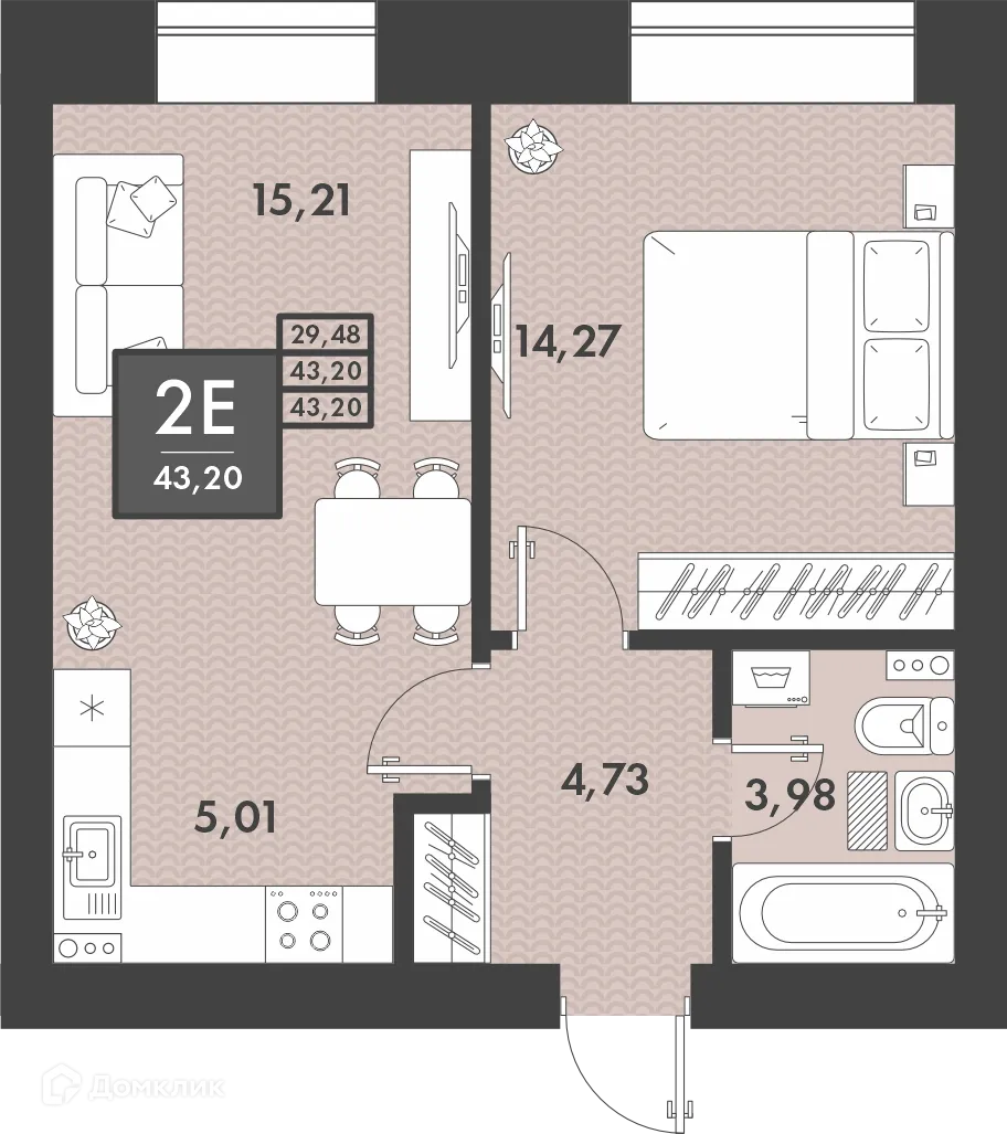 Планировка 2-комнатной квартиры 43.2 м² в ЖК PRO ЖК НА PROЕЗЖЕЙ, г. Чита — фото 1