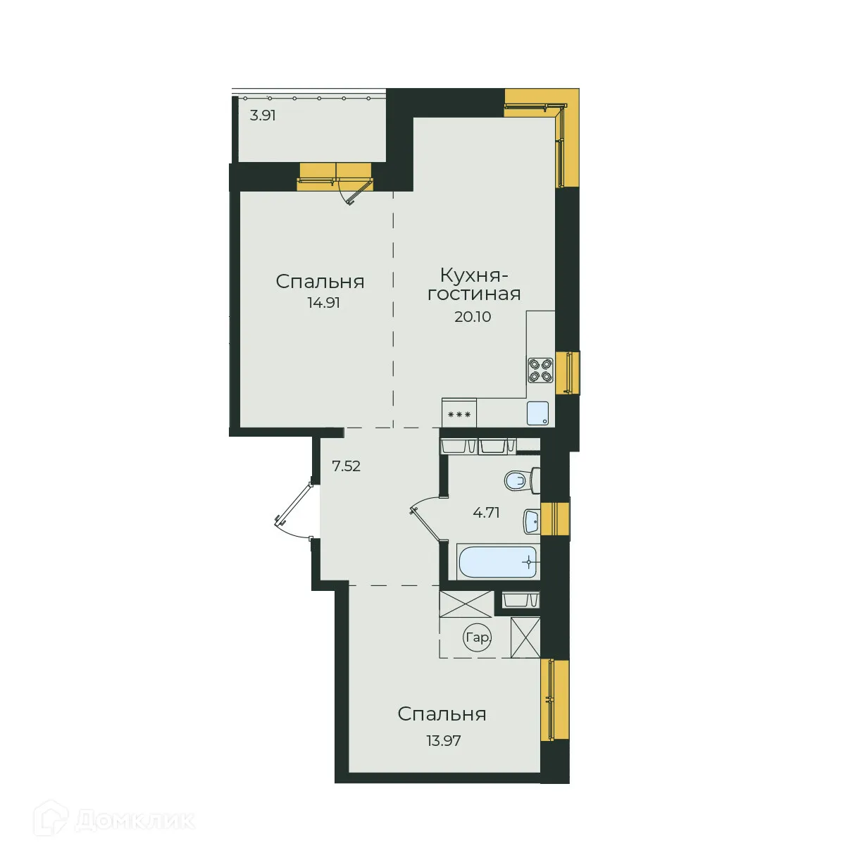 Планировка 2-комнатной квартиры 65.12 м² в ЖК "Семья", г. Иркутск — фото 1