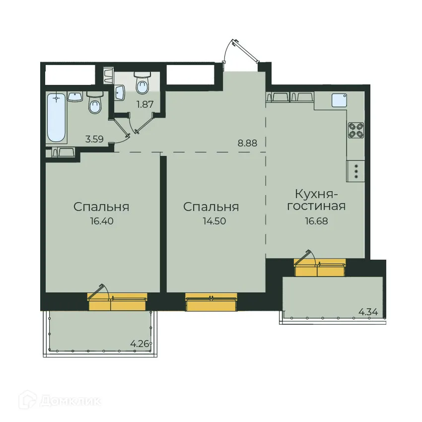 Планировка 2-комнатной квартиры 70.52 м² в ЖК "Семья", г. Иркутск — фото 1