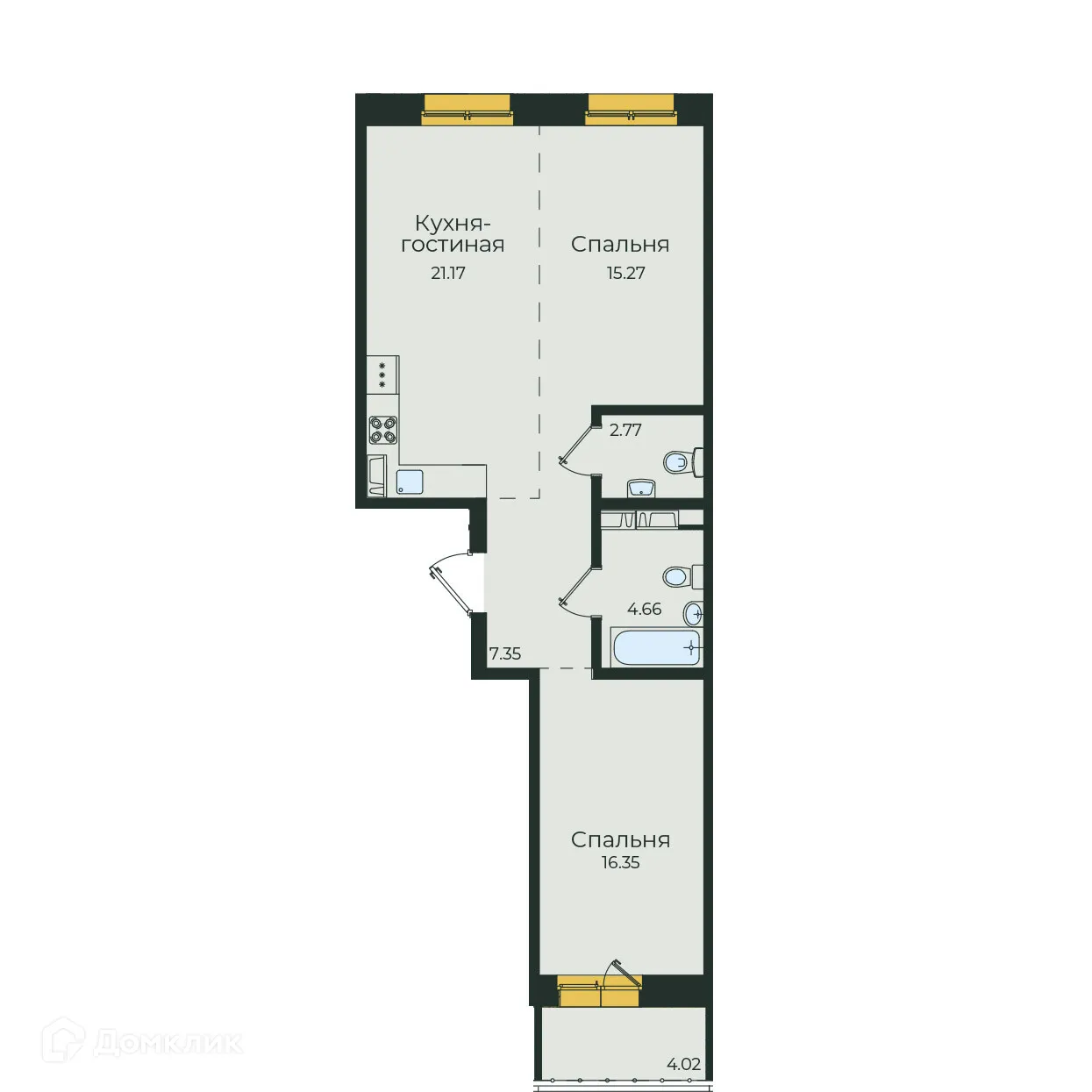 Планировка 2-комнатной квартиры 71.59 м² в ЖК "Семья", г. Иркутск — фото 1