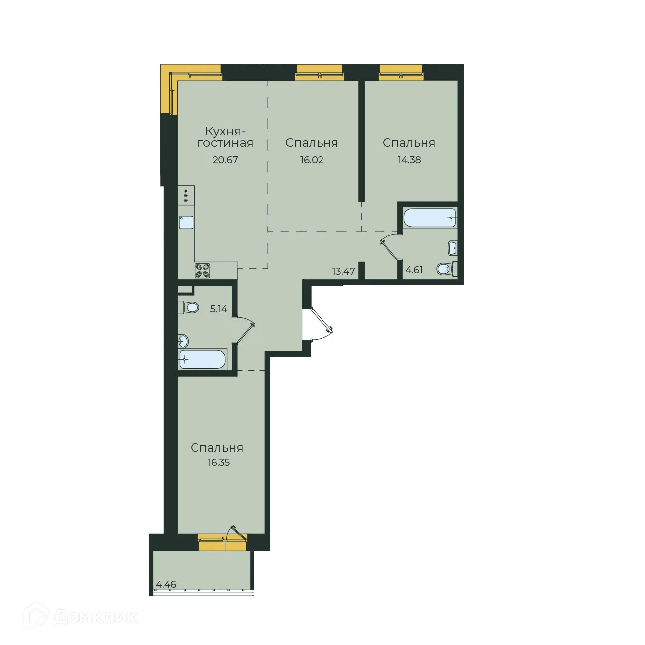 Планировка 3-комнатной квартиры 95.1 м² в ЖК "Семья", г. Иркутск — фото 1
