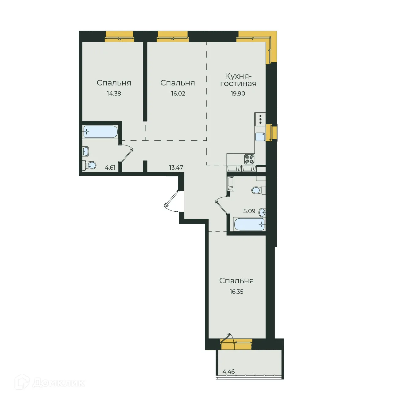 Планировка 3-комнатной квартиры 94.28 м² в ЖК "Семья", г. Иркутск — фото 1