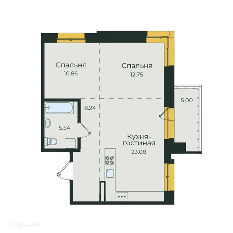 Планировка 2-комнатной квартиры 65.47 м² в ЖК "Семья", г. Иркутск — фото 1