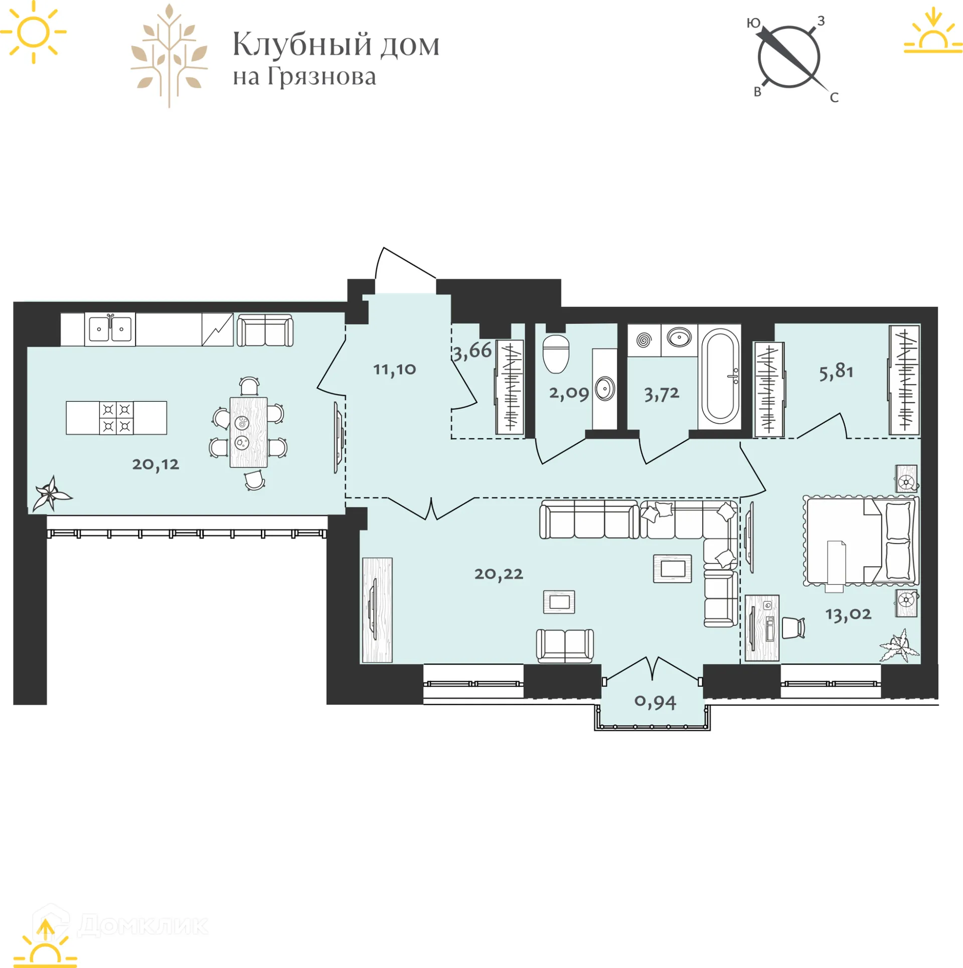 Планировка 3-комнатной квартиры 80.68 м² в ЖК на ул. Грязнова, г. Иркутск — фото 1