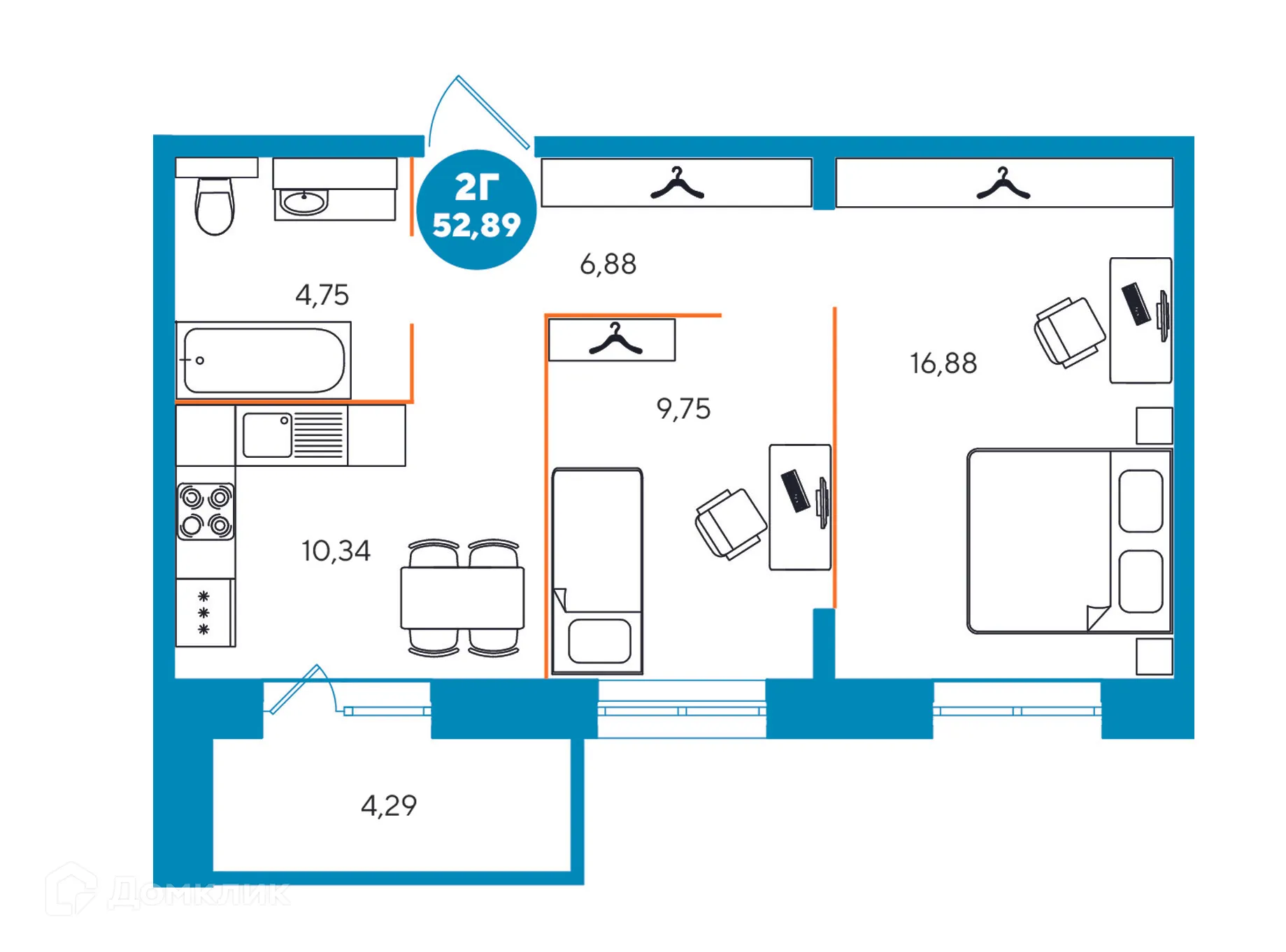 Планировка 2-комнатной квартиры 52.89 м² в ЖК Взлётка, г. Иркутск — фото 1