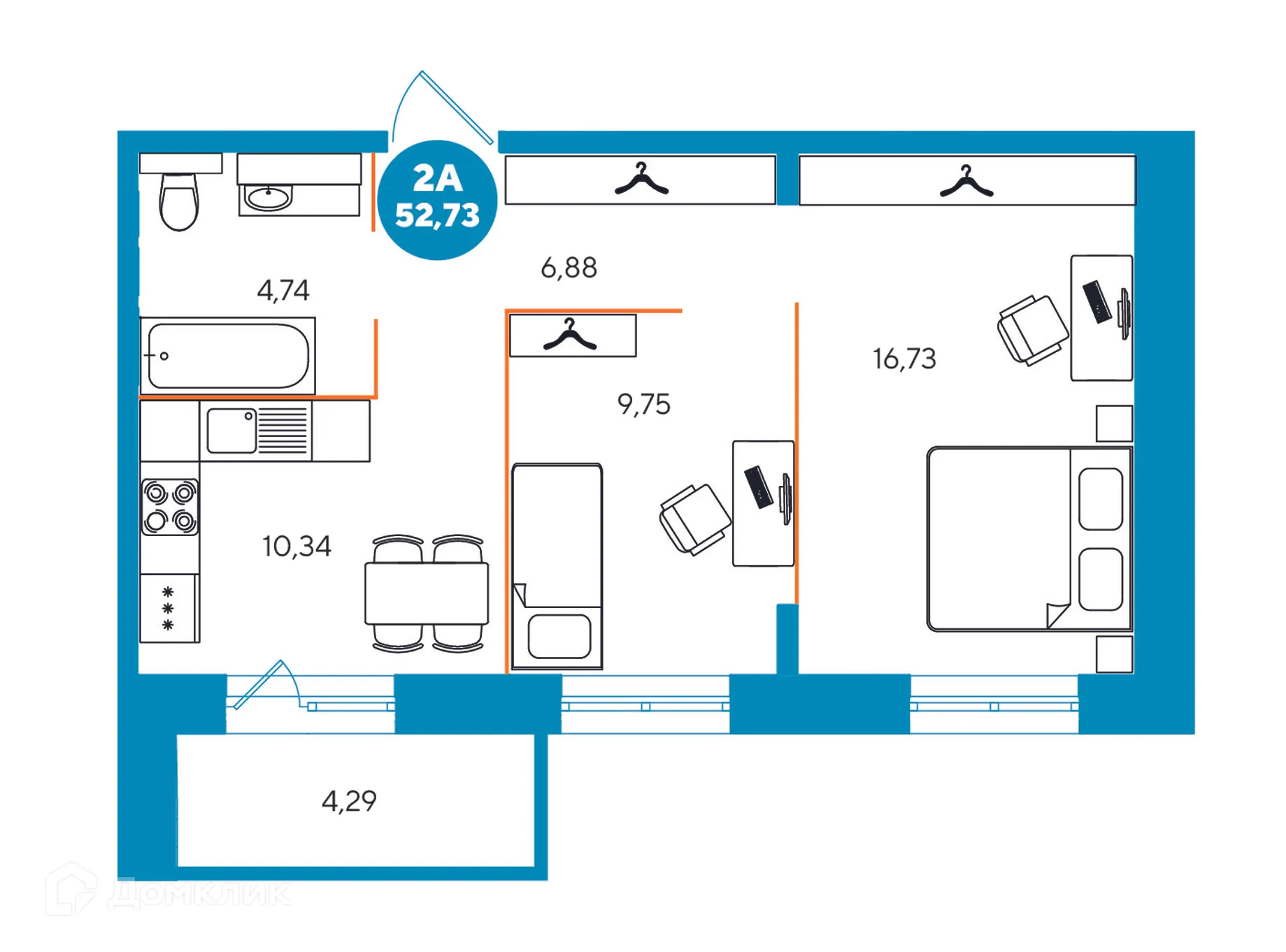 Планировка 2-комнатной квартиры 52.73 м² в ЖК Взлётка, г. Иркутск — фото 1