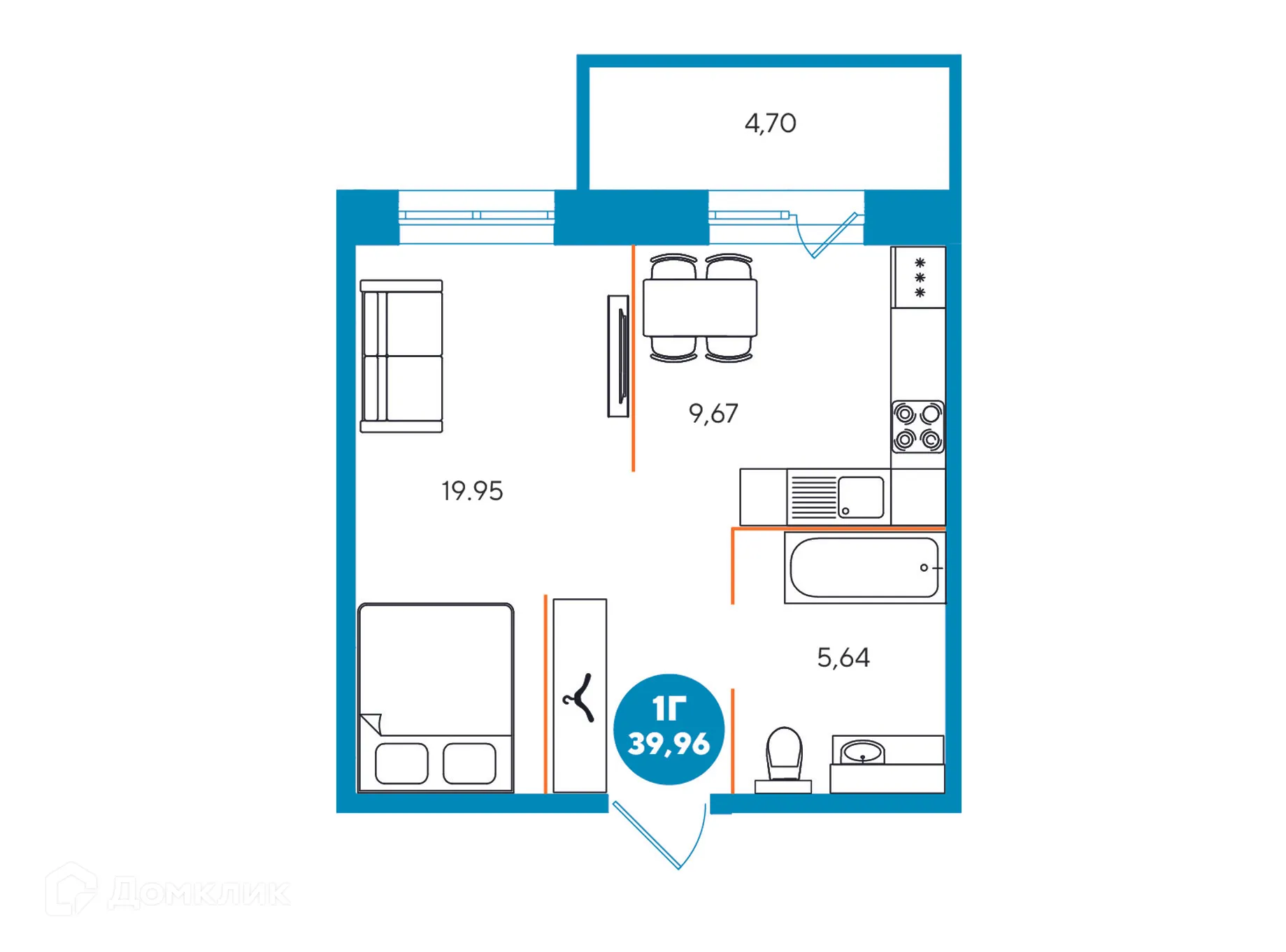 Планировка 1-комнатной квартиры 39.96 м² в ЖК Взлётка, г. Иркутск — фото 1