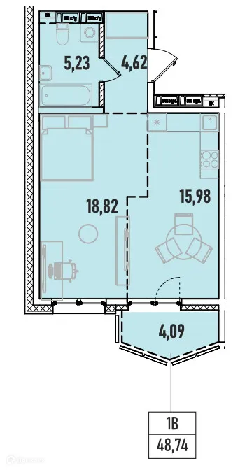 Планировка 1-комнатной квартиры 48.74 м² в ЖК Аквамарин авторский дом на Донской, г. Иркутск — фото 1
