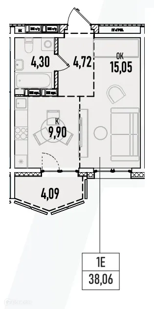 Планировка 1-комнатной квартиры 38.06 м² в ЖК Аквамарин авторский дом на Донской, г. Иркутск — фото 1
