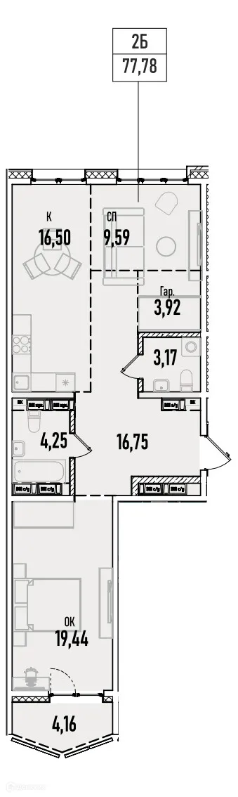 Планировка 2-комнатной квартиры 77.78 м² в ЖК Аквамарин авторский дом на Донской, г. Иркутск — фото 1