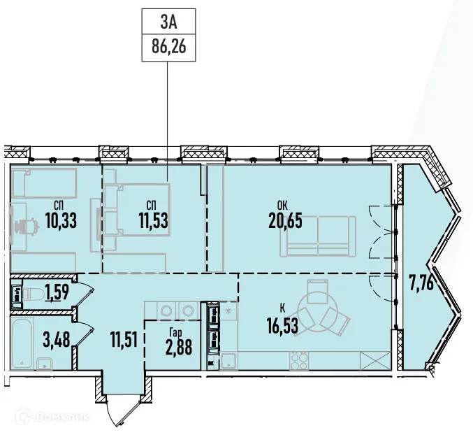 Планировка 3-комнатной квартиры 86.26 м² в ЖК Аквамарин авторский дом на Донской, г. Иркутск — фото 1