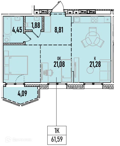 Планировка 1-комнатной квартиры 61.59 м² в ЖК Аквамарин авторский дом на Донской, г. Иркутск — фото 1
