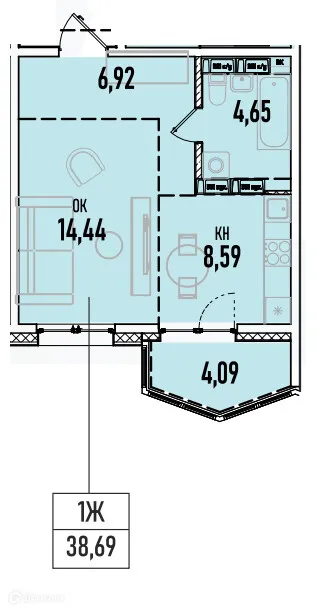 Планировка 1-комнатной квартиры 38.69 м² в ЖК Аквамарин авторский дом на Донской, г. Иркутск — фото 1