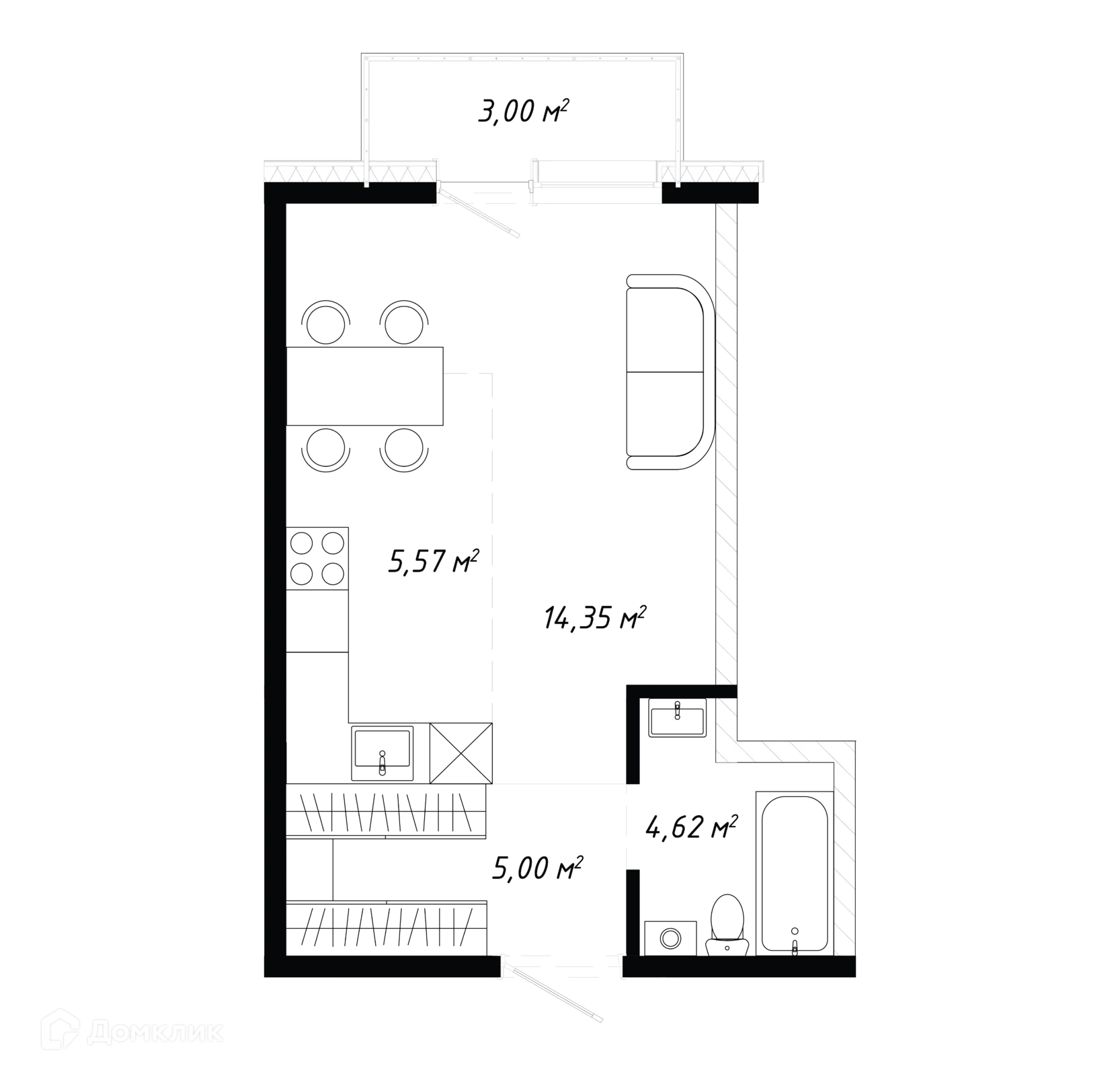 Планировка 1-комнатной квартиры 32.54 м² в ЖК КИНО, г. Иркутск — фото 2