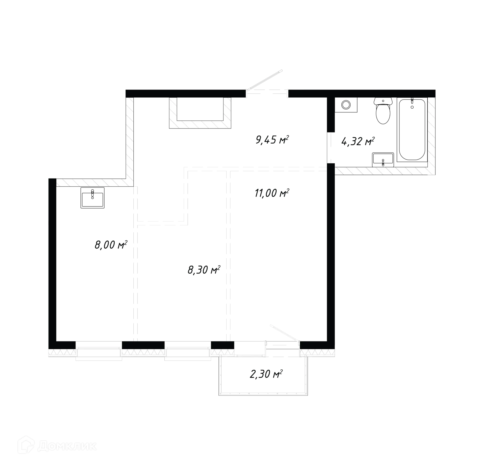 Планировка 2-комнатной квартиры 43.37 м² в ЖК КИНО, г. Иркутск — фото 1