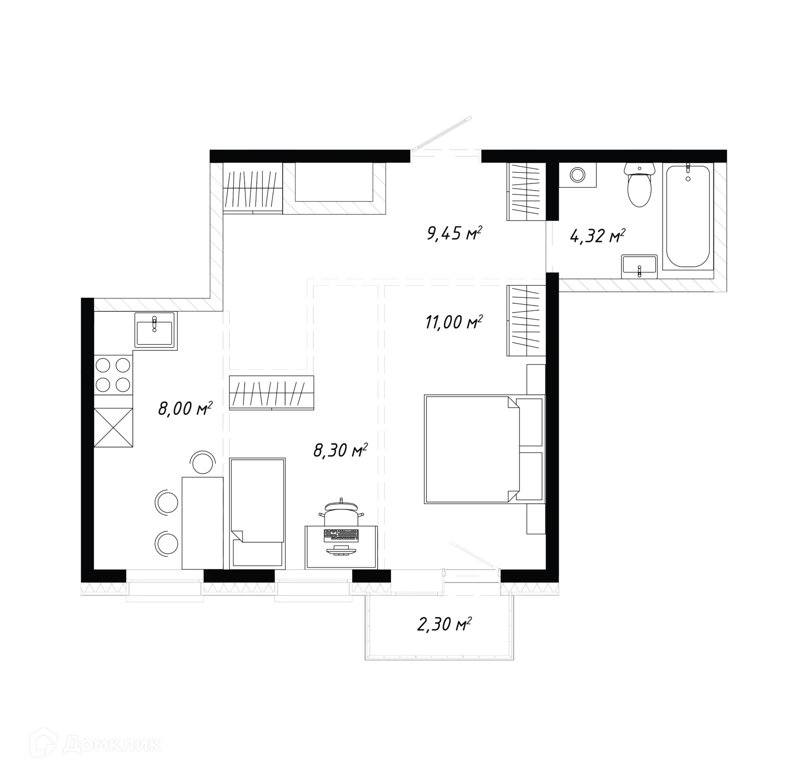 Планировка 2-комнатной квартиры 43.37 м² в ЖК КИНО, г. Иркутск — фото 2