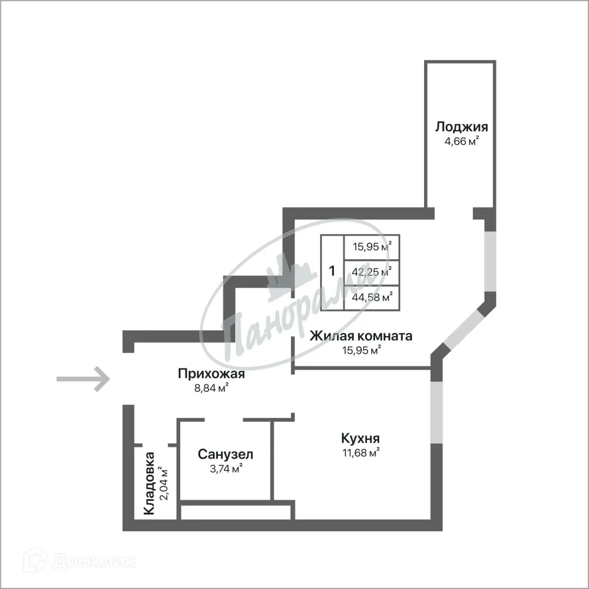 Планировка 1-комнатной квартиры 44.96 м² в ЖК Орбита, г. Калуга — фото 1