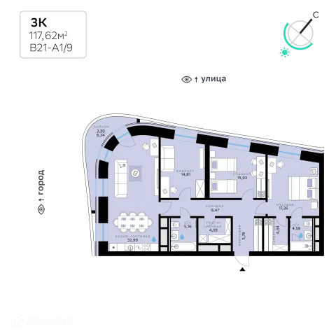 Планировка 3 комн. в СберСити - квартал В21