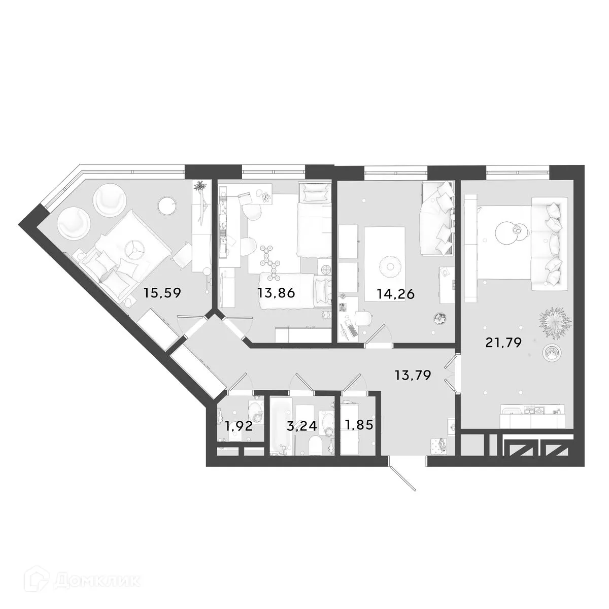 Планировка 3-комнатной квартиры 86.3 м² в ЖК OMEGA (Омега), г. Калуга — фото 1