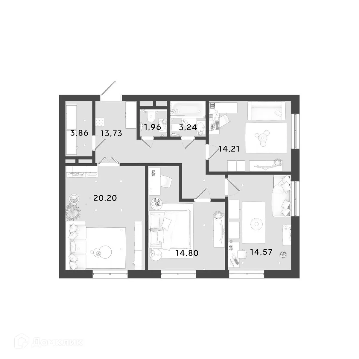 Планировка 3-комнатной квартиры 86.57 м² в ЖК OMEGA (Омега), г. Калуга — фото 1