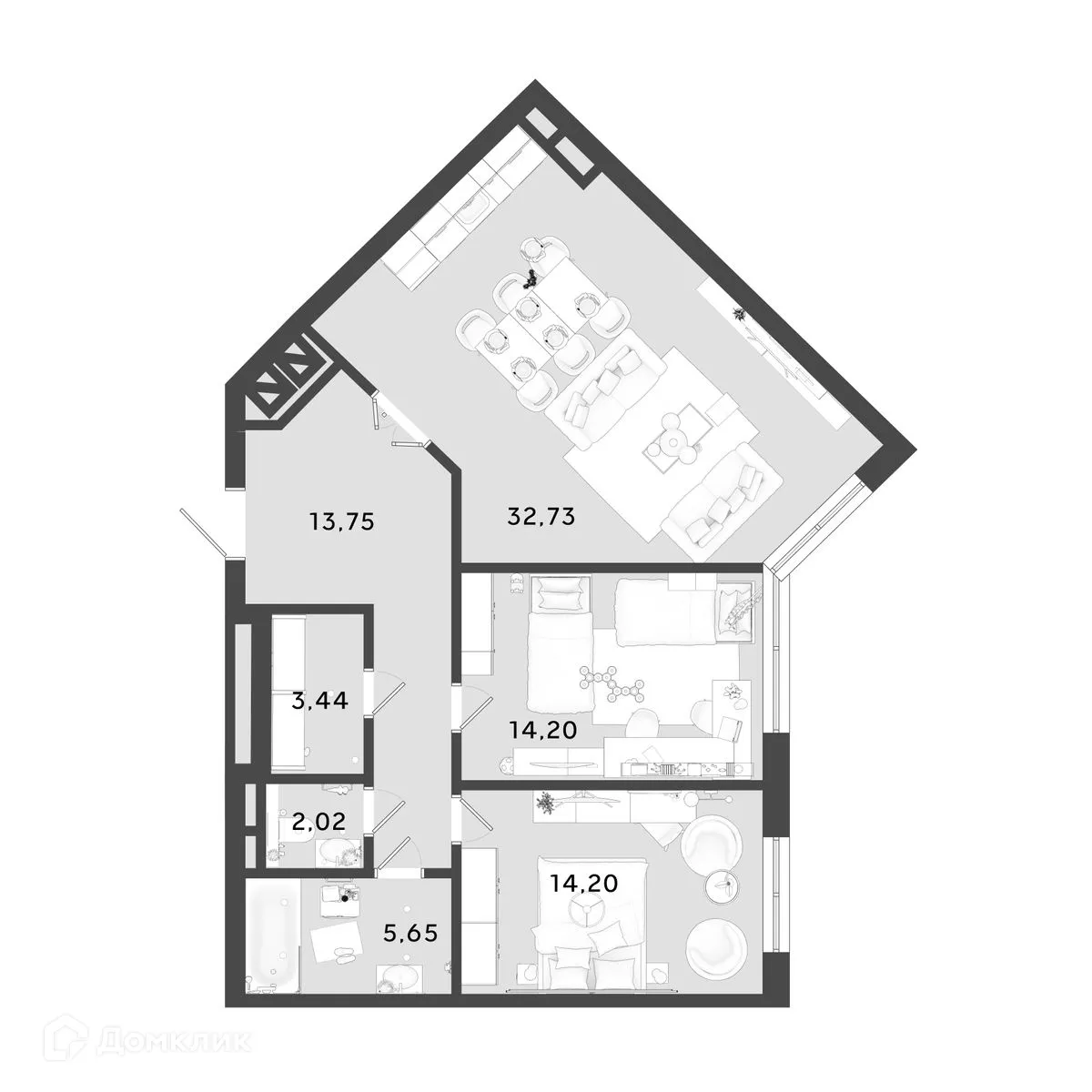 Планировка 2-комнатной квартиры 85.99 м² в ЖК OMEGA (Омега), г. Калуга — фото 1